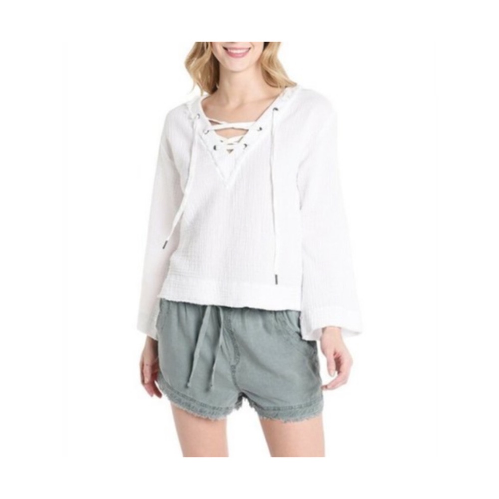 Cloth & Stone Bell Sleeve Lace Up Pullover Gauzy Blouse